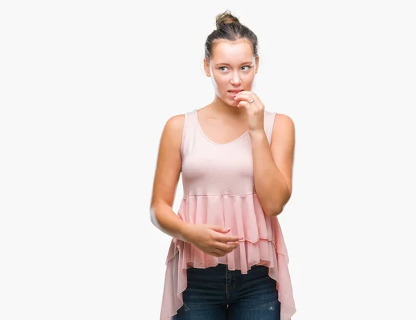 Young Caucasian Beautiful Woman Isolated Background Looking Stressed Nervous Hands — Stock Photo, Image