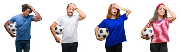 Colagem Pessoas Segurando Bola Futebol Sobre Fundo Isolado Estressado Com — Fotografia de Stock