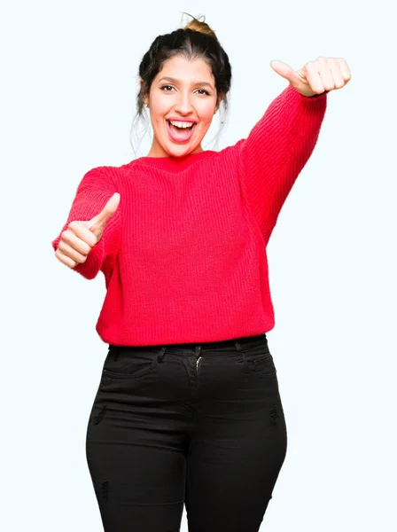 Young Beautiful Woman Wearing Red Sweater Bun Approving Doing Positive — Stock Photo, Image