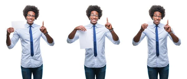 Colagem Afro Americanos Jovem Homem Negócios Segurando Cartão Papel Branco — Fotografia de Stock