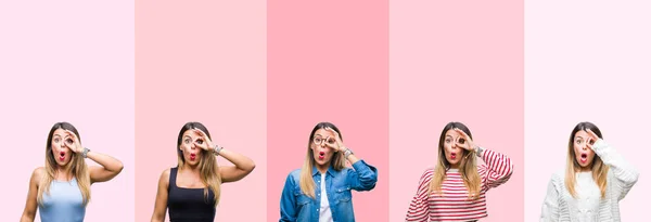 Collage Young Beautiful Woman Pink Stripes Isolated Background Doing Gesture — Stock Photo, Image