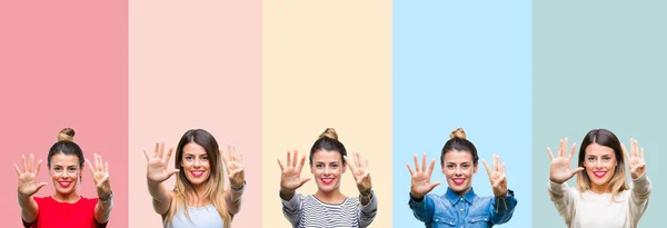 Colagem Jovem Mulher Bonita Sobre Listras Vintage Coloridas Isolado Fundo — Fotografia de Stock