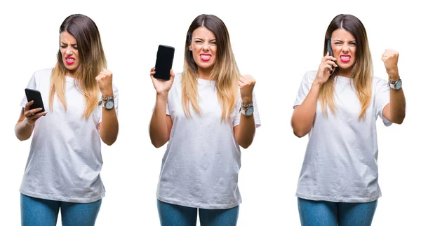 Collage Ung Vacker Kvinna Med Smartphone Över Isolerade Bakgrund Irriterad — Stockfoto