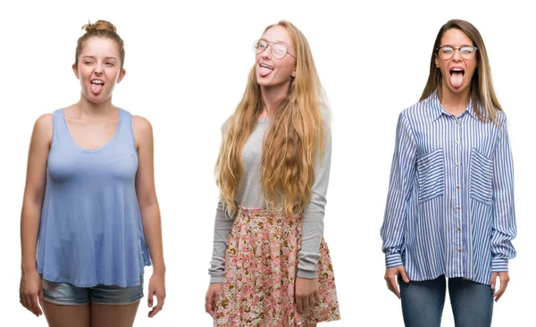 Collage Gruppen Blonda Kvinnor Över Isolerade Bakgrund Fast Tunga Nöjd — Stockfoto