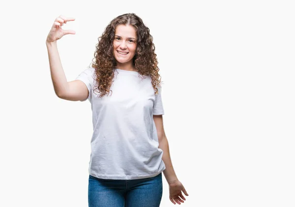 Schöne Brünette Lockige Haare Junges Mädchen Lässigem Shirt Über Isoliertem — Stockfoto