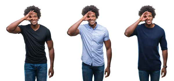 拼贴非洲裔美国年轻人英俊的男人在孤立的背景做确定的手势与手微笑 眼睛通过手指看着快乐的脸 — 图库照片