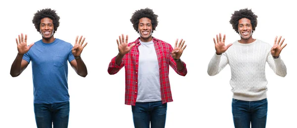 孤立した背景表示と指で上向きにアフリカ系アメリカ人の若いハンサムな男のコラージュ ナンバー ナイン自信を持って 幸せな笑みを浮かべて — ストック写真