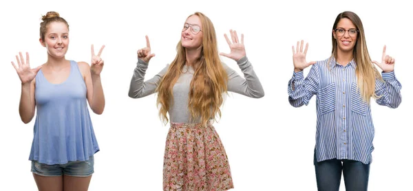 Collage Einer Gruppe Blonder Frauen Vor Isoliertem Hintergrund Die Finger — Stockfoto