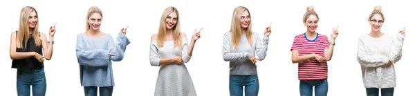 Collage Van Jonge Mooie Blonde Vrouw Geïsoleerde Achtergrond Met Een — Stockfoto