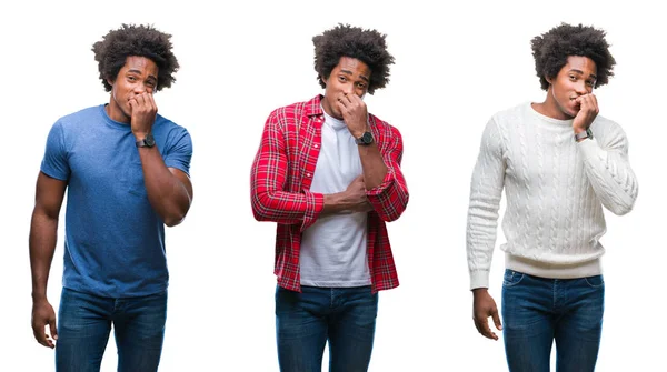 拼贴的非洲裔美国年轻人英俊的男子在孤立的背景看起来紧张和紧张的手在嘴咬指甲 焦虑问题 — 图库照片