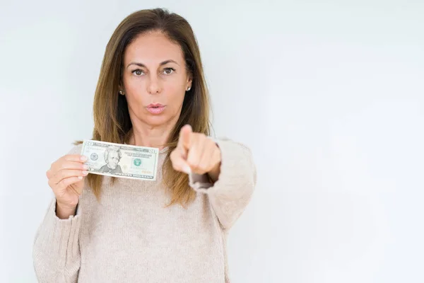 Middle Age Woman Holding Dollars Bank Note Isolated Background Pointing — Stock Photo, Image