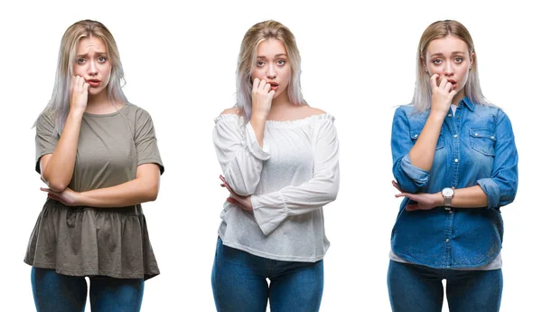 Collage Vacker Blond Ung Kvinna Över Isolerade Bakgrund Ser Stressad — Stockfoto