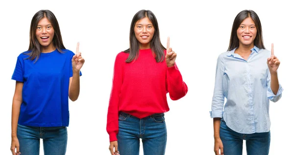 Collage Asiática Joven Mujer Pie Sobre Blanco Aislado Fondo Mostrando — Foto de Stock