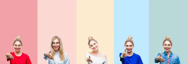 Collage Hermosa Mujer Rubia Sobre Rayas Colores Fondo Aislado Sonriendo —  Fotos de Stock