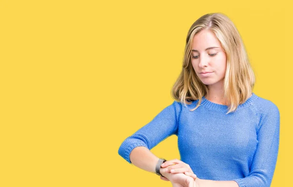 Beautiful Young Woman Wearing Blue Sweater Isolated Background Checking Time — Stock Photo, Image