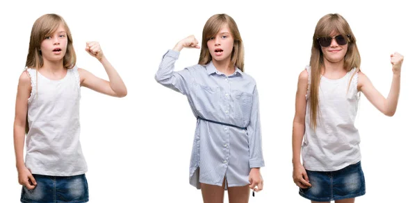 Collage Blond Flicka Kid Över Isolerade Bakgrund Irriterad Och Frustrerad — Stockfoto