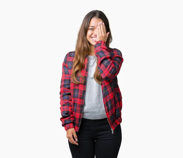 Young Beautiful Brunette Woman Wearing Jacket Isolated Background Covering One — Stock Photo, Image