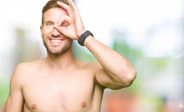Handsome Shirtless Man Showing Nude Chest Doing Gesture Hand Smiling — Stock Photo, Image