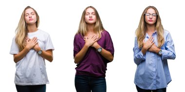 Kolaj ile gülümseyen izole arka plan üzerinde genç güzel sarışın kadının göğüs kapalı gözler ve yüzünde minnettar jest ile eller. Sağlık kavramı.