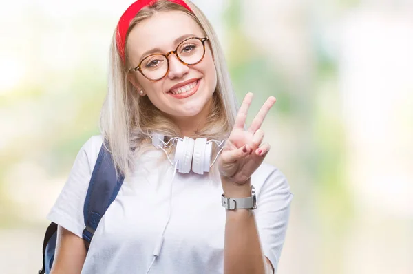 Ung Blond Student Kvinna Bär Glasögon Och Ryggsäck Över Isolerade — Stockfoto