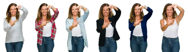 Collage Hermosa Mujer Mediana Edad Sobre Fondo Blanco Aislado Sonriendo — Foto de Stock