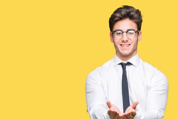 Young Business Man Wearing Glasses Isolated Background Smiling Hands Palms — Stock Photo, Image