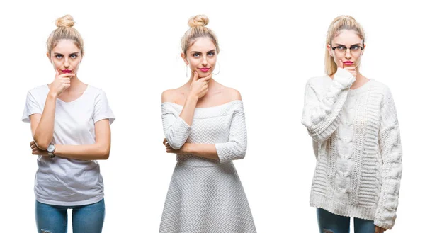 Colagem Jovem Bela Mulher Loira Sobre Fundo Isolado Branco Olhando — Fotografia de Stock