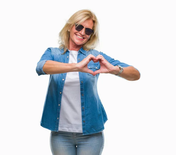 Middle Age Blonde Woman Wearing Sunglasses Isolated Background Smiling Love — Stock Photo, Image