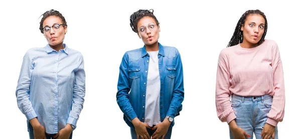 Collage Vackert Flätat Hår Afroamerikanska Kvinnan Över Isolerade Bakgrund Gör — Stockfoto