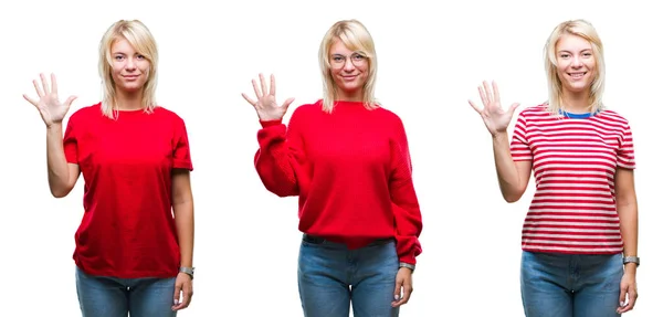 Colagem Bela Mulher Loira Vestindo Casual Vermelho Sobre Fundo Isolado — Fotografia de Stock