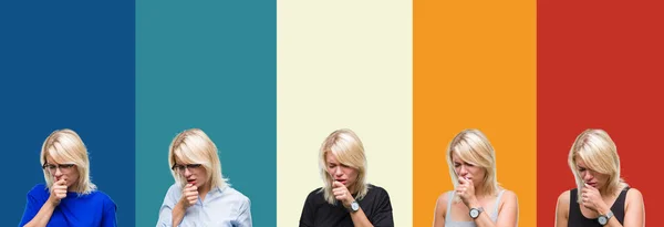 Collage Vacker Blond Kvinna Över Färgglada Vintage Isolerade Bakgrunden Känsla — Stockfoto