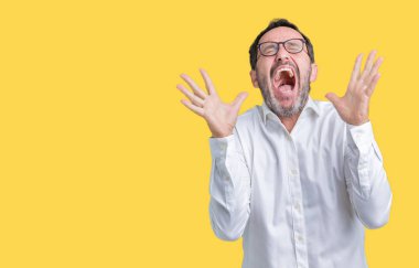Kızgın ve silah ile başarı için deli izole arka plan kutluyor üzerinde gözlük takan yakışıklı orta yaş zarif üst düzey iş adamı kaldırdı ve heyecanlı çığlık gözler kapalı. Kazanan kavramı