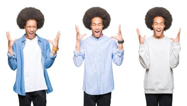 Kızgın ve silah ile başarı için deli kutluyor beyaz izole arka plan üzerinde afro saçlı Genç adam kolaj kaldırdı ve heyecanlı çığlık gözler kapalı. Kazanan kavramı