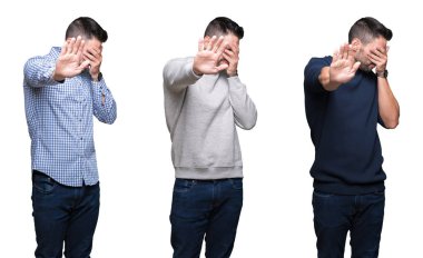 Kolaj yakışıklı iş adam elleriyle gözlerini kapsayan beyaz izole arka plan üzerinde ve stop jest ile acı ve korku ifadesi. Utandım ve negatif kavramı.