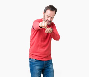 Kavga etmek izole arka plan kum yumruk, saldırgan ve kızgın saldırı, tehdit ve şiddet kış kazak giymiş yakışıklı orta yaş ağarmış komuta sizde