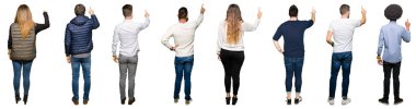 Kolaj üzerinde beyaz insanlar izole arka plan geriye doğru poz arkasında parmak eliyle işaret
