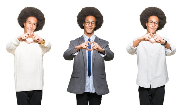 Fiatal Férfi Afro Haj Felett Mosolygó Szerelmes Szív Szimbólum Kéz — Stock Fotó