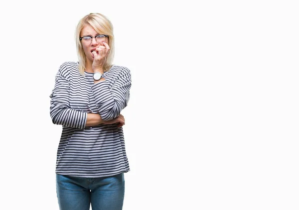 Young Beautiful Blonde Woman Wearing Glasses Isolated Background Looking Stressed — Stock Photo, Image