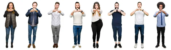 Colagem Pessoas Sobre Fundo Isolado Branco Expressão Rejeição Cruzando Dedos — Fotografia de Stock