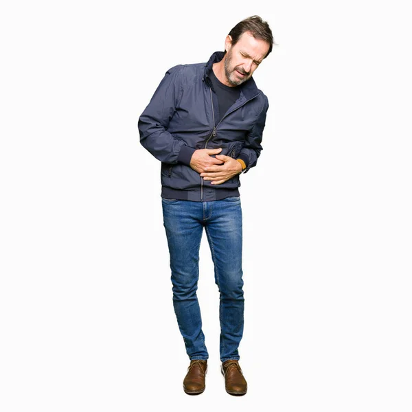 Middle Age Handsome Man Wearing Jacket Hand Stomach Because Nausea — Stock Photo, Image