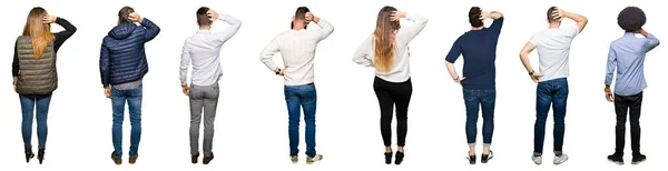 Collage People White Isolated Background Backwards Thinking Doubt Hand Head — Stock Photo, Image