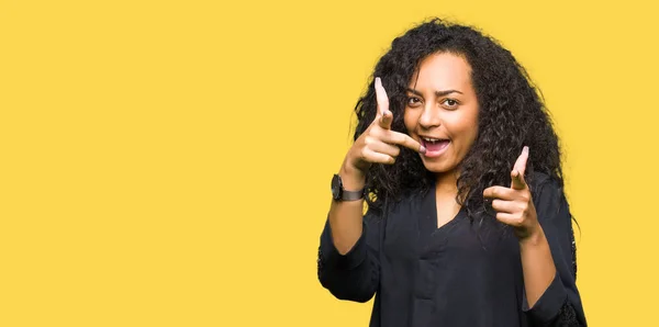 Young Beautiful Girl Curly Hair Wearing Elegant Dress Pointing Fingers — Stock Photo, Image