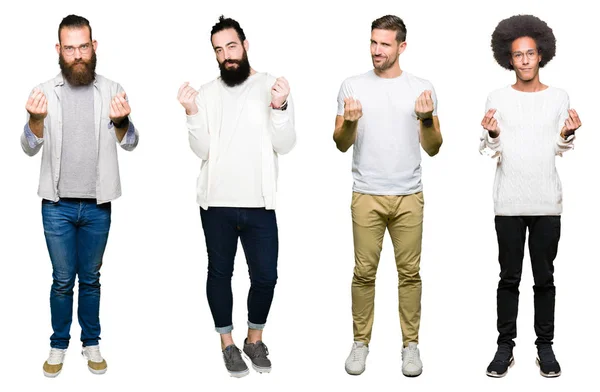 Collage Van Groep Jonge Mannen Witte Geïsoleerde Achtergrond Doen Geld — Stockfoto