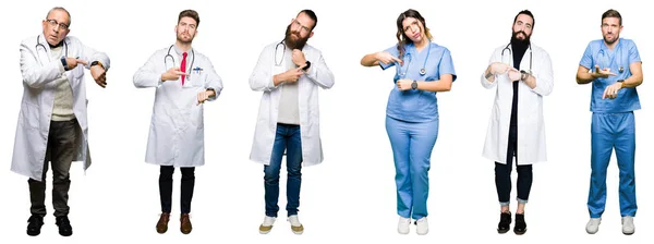 Kolaż Grupy Lekarzy Chirurgów Ludzi Nad Biały Białym Tle Pośpiechu — Zdjęcie stockowe