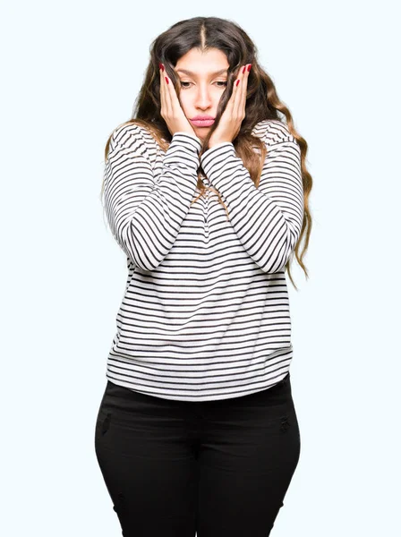 Young Beautiful Woman Wearing Stripes Sweater Tired Hands Covering Face — Stock Photo, Image