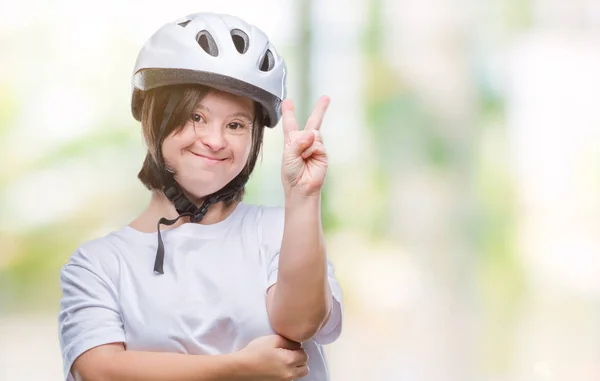 Young Adult Cyclist Woman Syndrome Wearing Safety Helmet Isolated Background — Stock Photo, Image