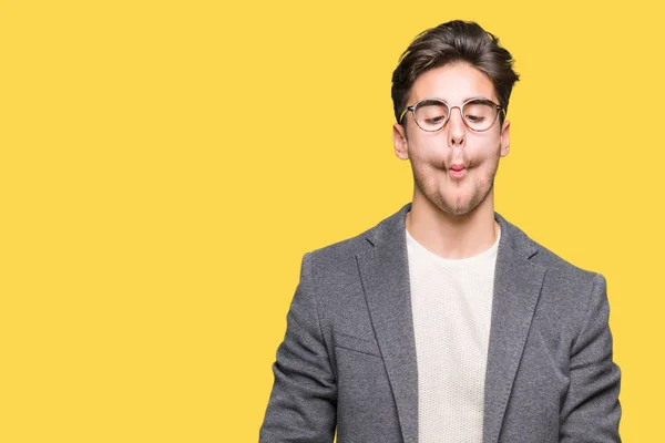 Young Business Man Wearing Glasses Isolated Background Making Fish Face — Stock Photo, Image