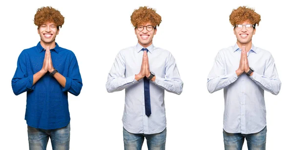 Collage Giovani Bussines Uomo Con Capelli Ricci Indossando Occhiali Sfondo — Foto Stock