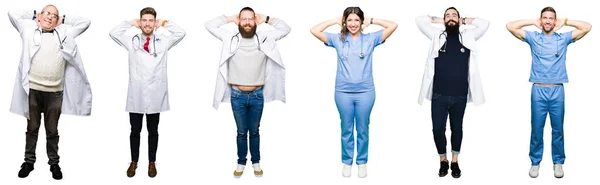 Kolaż Grupy Lekarzy Chirurgów Ludzi Nad Biały Białym Tle Relaksujący — Zdjęcie stockowe