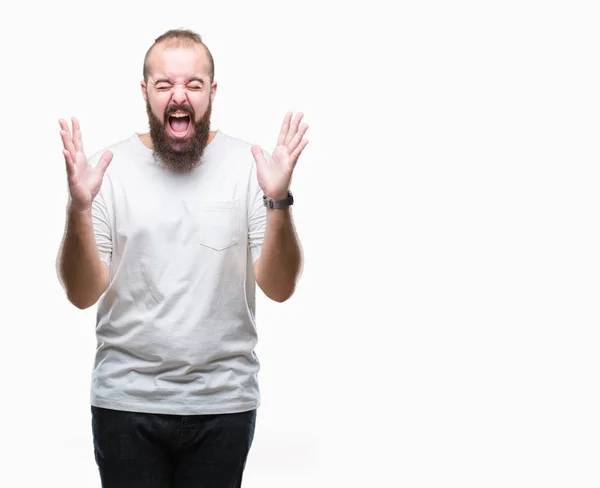 Jonge Kaukasische Hipster Man Dragen Casual Shirt Geïsoleerd Achtergrond Vieren — Stockfoto